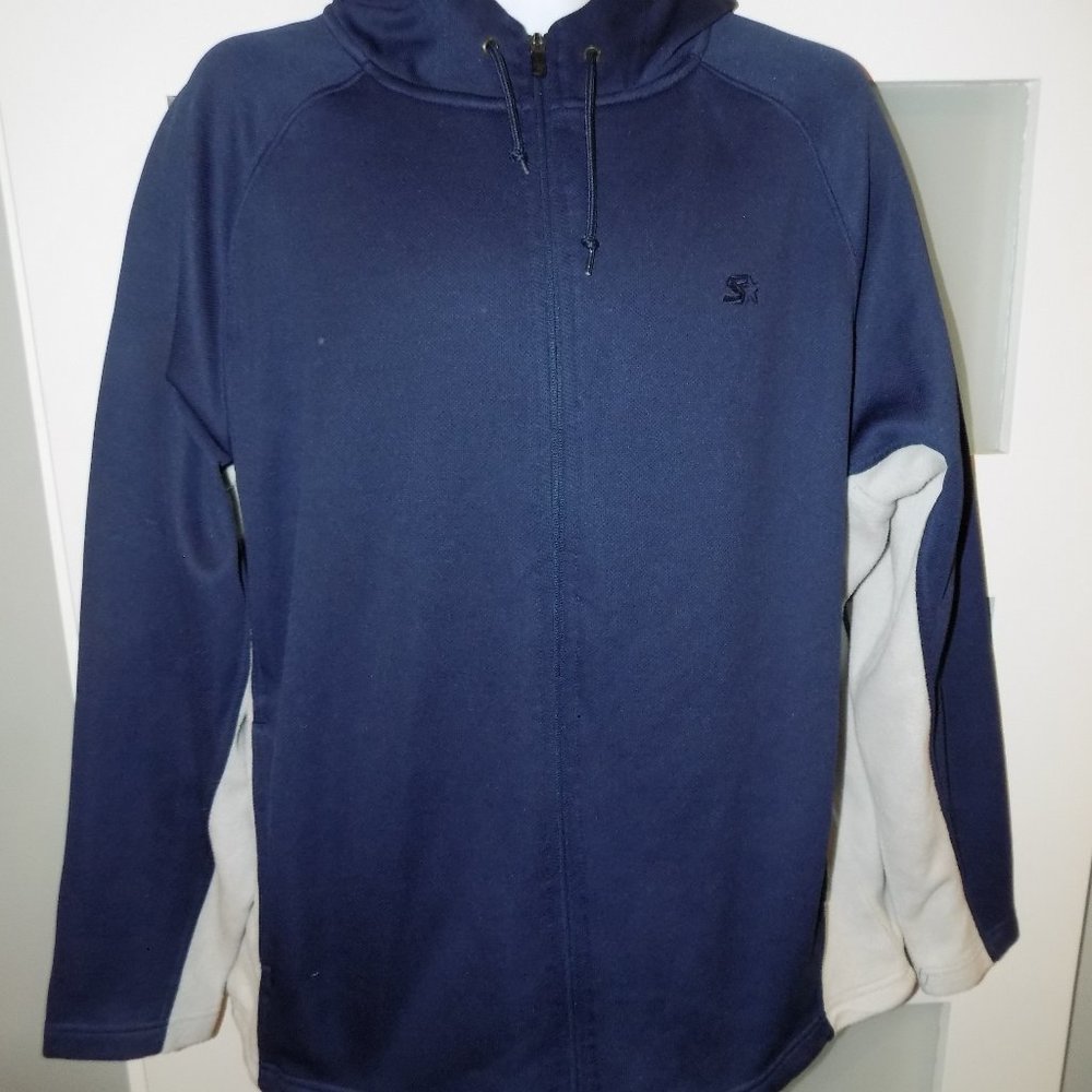 STARTER Blue/Gray Hooded Fleece Full Zip Jacket Coat Size L (42/44) Men's